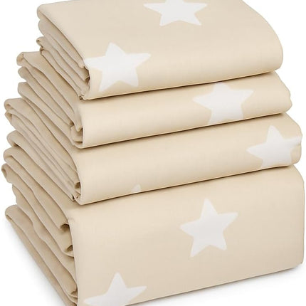 Beige Star Print 100% Cotton King Sheets – 600 Thread Count, Deep Pocket 17 in (43 cm)