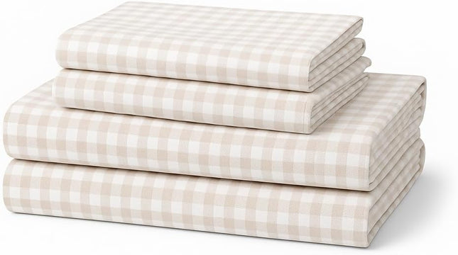 Beige Gingham Check 100% Cotton Queen Sheets Set – 450 Thread Count (450TC)