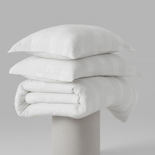 MR24 Queen Size Bed Sheets Set | Draps Queen Motif Géométrique Blanc | 100% Cotton