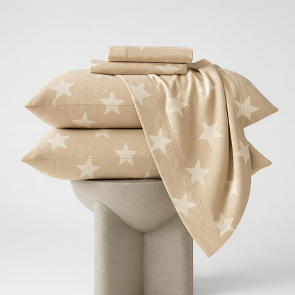 Beige Star Print 100% Cotton King Sheets – 600 Thread Count, Deep Pocket 17 in (43 cm)