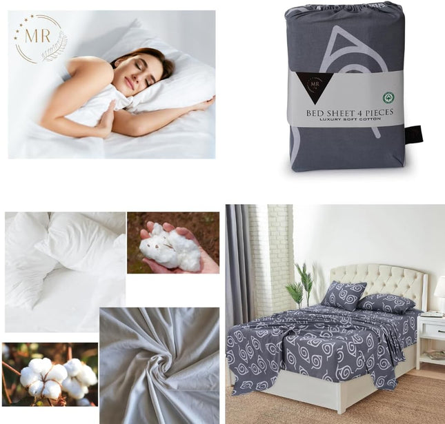 Dark Grey Print 100% Cotton King Sheets Set – 600 Thread Count,