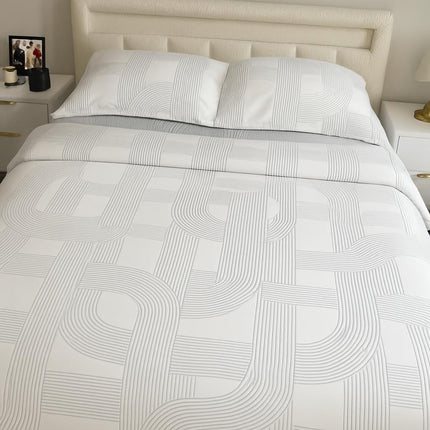 MR24 Queen Size Bed Sheets Set | Draps Queen Motif Géométrique Blanc | 100% Cotton