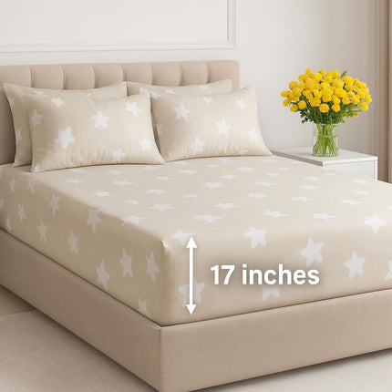 Beige Star Print 100% Cotton King Sheets – 600 Thread Count, Deep Pocket 17 in (43 cm)
