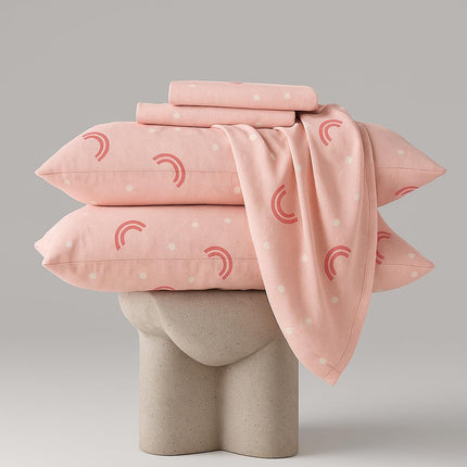 Pink Rainbow Polka Dot 100% Cotton Queen Sheets Set – 450 Thread Count (450TC),