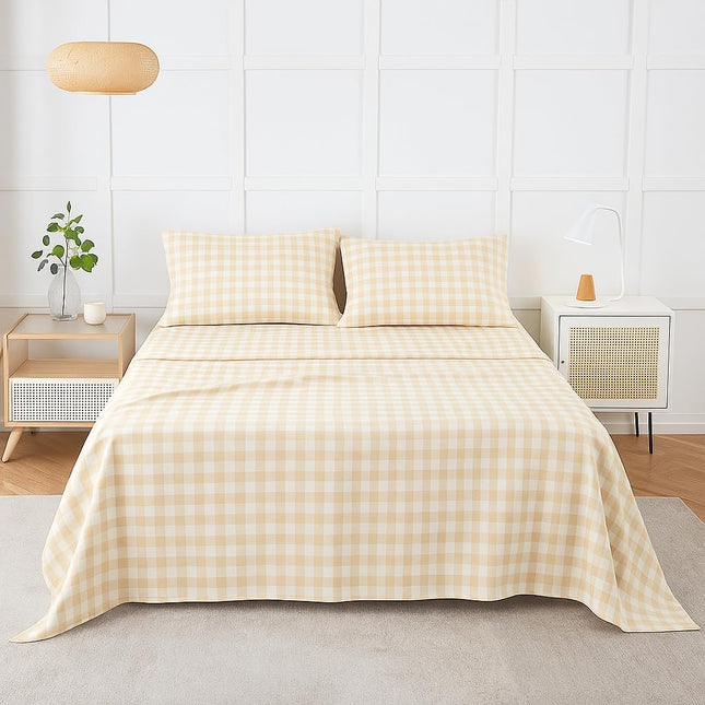 Beige Gingham Check 100% Cotton Queen Sheets Set – 450 Thread Count (450TC)