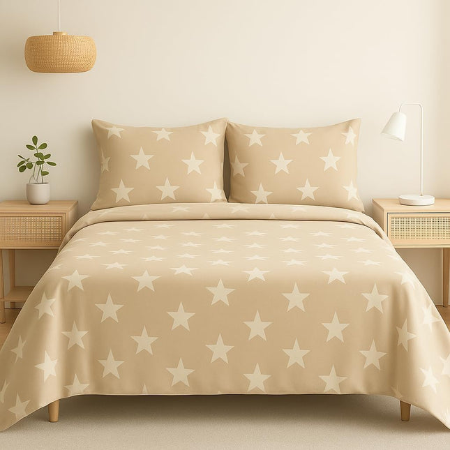 Beige Star Print 100% Cotton King Sheets – 600 Thread Count, Deep Pocket 17 in (43 cm)