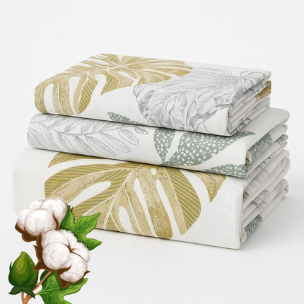 Tropical Leaf Print 100% Cotton King Sheets Set – 600 Thread Count (600TC)