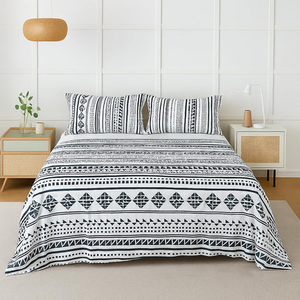 Queen Size Bed Sheets 100% Cotton – Black & White Geometric Print Bedding Set