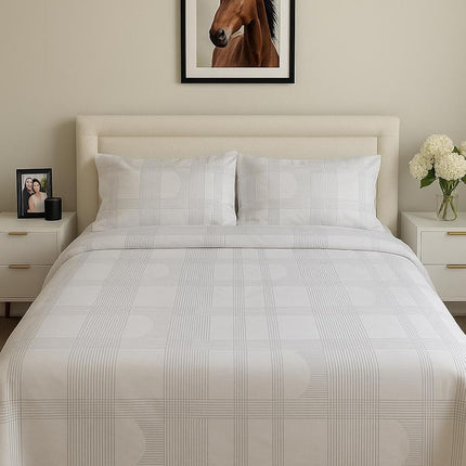 MR24 Queen Size Bed Sheets Set | Draps Queen Motif Géométrique Blanc | 100% Cotton