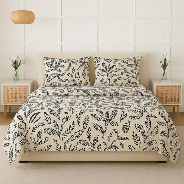 Queen Cotton Bed Sheets – 100% Cotton 4-Piece Botanical Leaf Print Set,