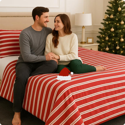 MR24 King Size Bed Sheets – 100% Cotton Cooling Percale, Red Stripe Design, Soft & Breathable