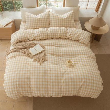Beige Gingham Check 100% Cotton Queen Sheets Set – 450 Thread Count (450TC)