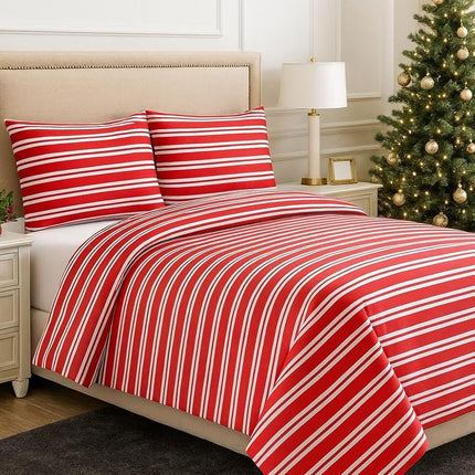 MR24 King Size Bed Sheets – 100% Cotton Cooling Percale, Red Stripe Design, Soft & Breathable