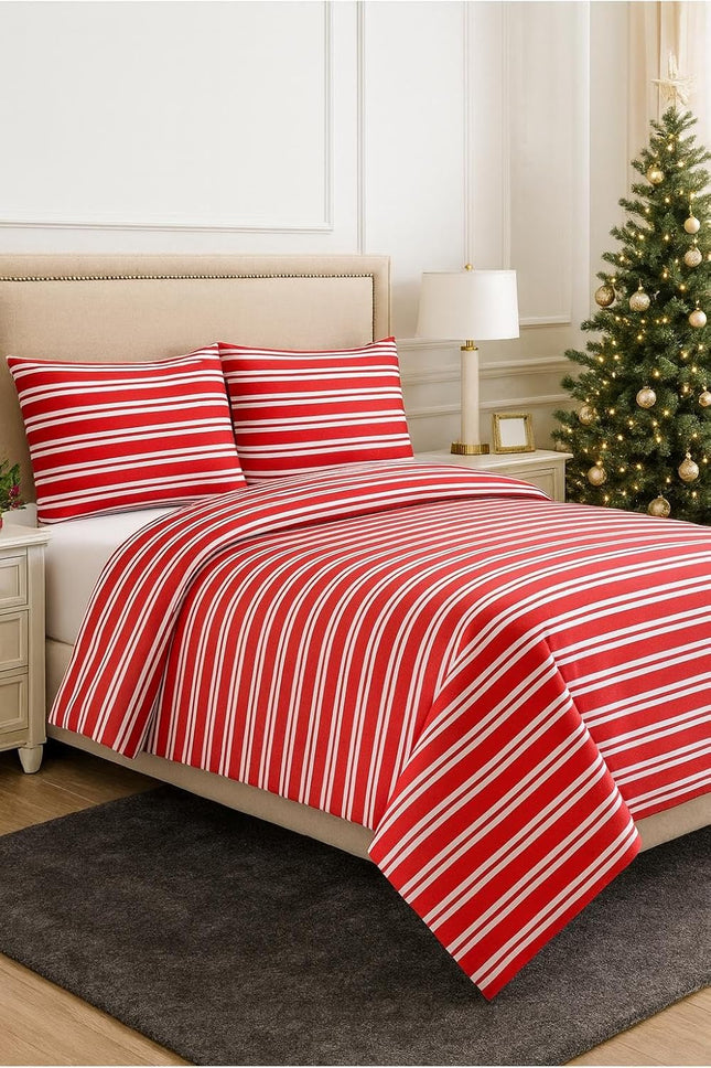 MR24 King Size Bed Sheets – 100% Cotton Cooling Percale, Red Stripe Design, Soft & Breathable