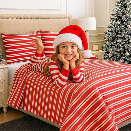 MR24 King Size Bed Sheets – 100% Cotton Cooling Percale, Red Stripe Design, Soft & Breathable