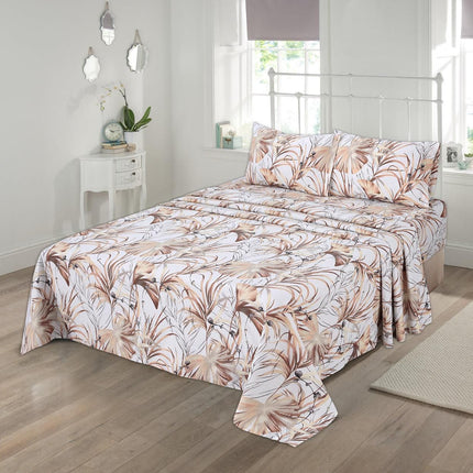 Luxury Beige Tropical Leaf Print 100% Cotton Queen Bed Sheet