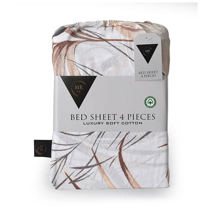 Luxury Beige Tropical Leaf Print 100% Cotton Queen Bed Sheet