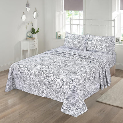 Queen Size Bed Sheets 100% Cotton – Black Wave Line Printed Sheet Set