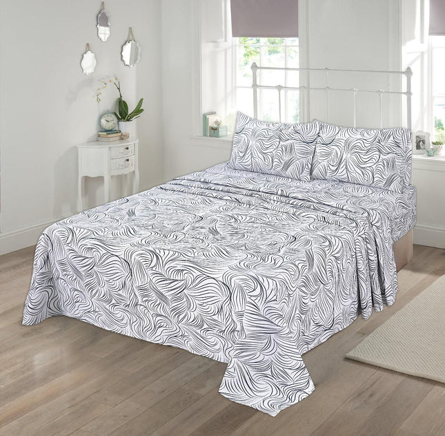 Queen Size Bed Sheets 100% Cotton – Black Wave Line Printed Sheet Set