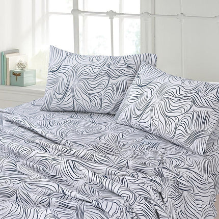 Queen Size Bed Sheets 100% Cotton – Black Wave Line Printed Sheet Set