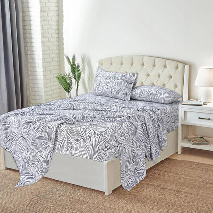 Queen Size Bed Sheets 100% Cotton – Black Wave Line Printed Sheet Set