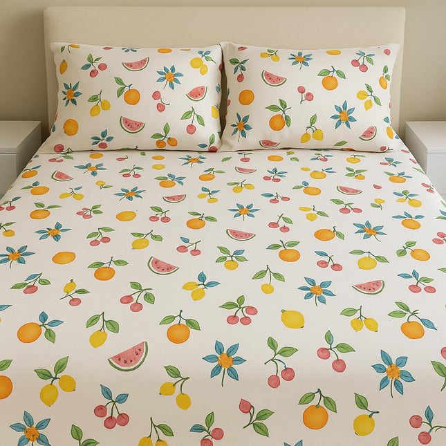 Queen Size Bed Sheets 100% Cotton – Cute Fruit Print Kids Bedding